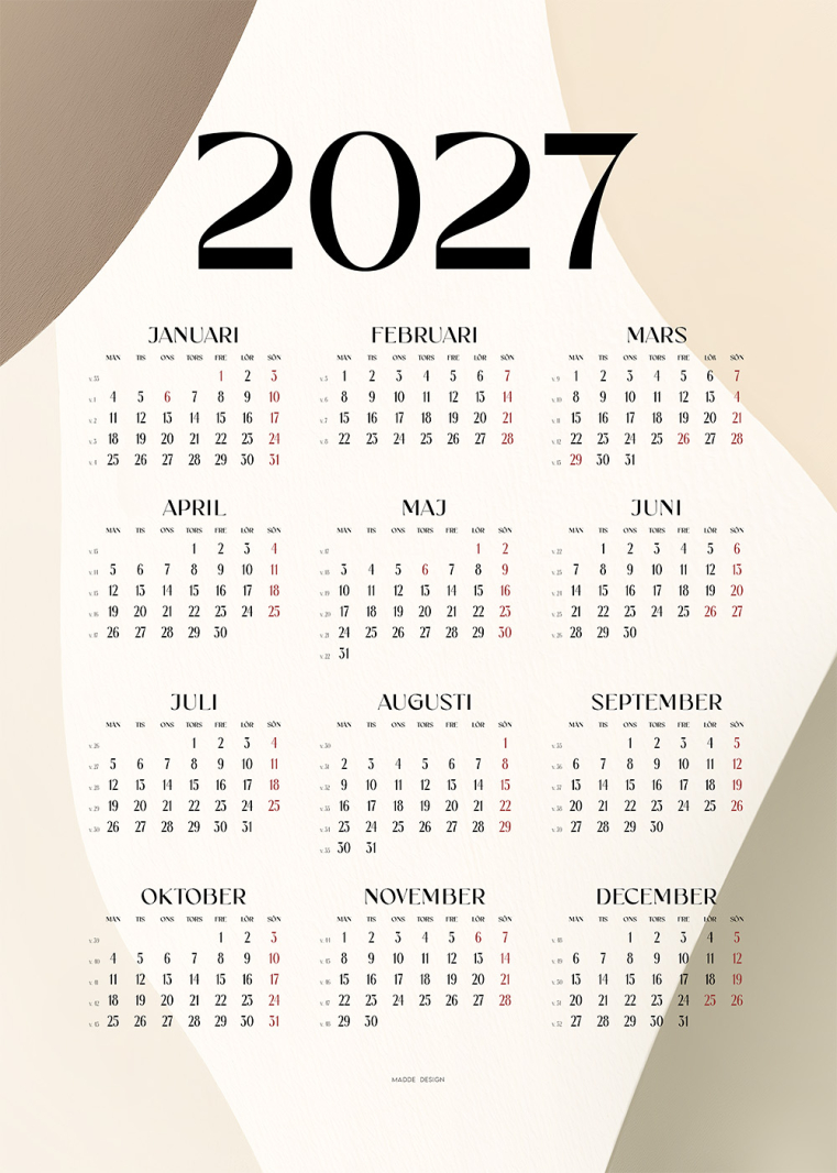 Modern Kalender 2027 med stilren design, väggkalender med månadsöversikt och textposter. Perfekt för hem och kontor.