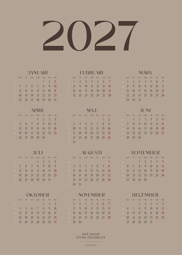 Stilren Kalender 2027 Latte i minimalistisk design med månadsöversikt, idealisk som väggkalender och textposter.