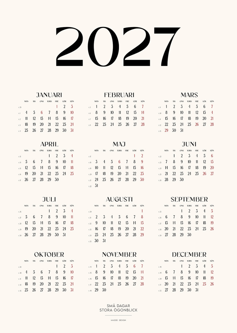 Stilren Kalender 2027 Minimalistisk, elegant design med månadsvy, perfekt som väggkalender för hem eller kontor.