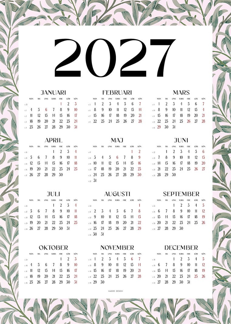 William Morris Kalender 2027 med Willow Bough-mönster, elegant väggkalender för året 2027.