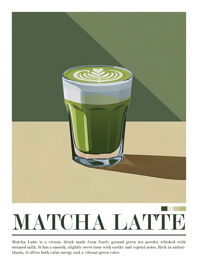 Matcha Latte poster med grön matcha och grafisk illustration