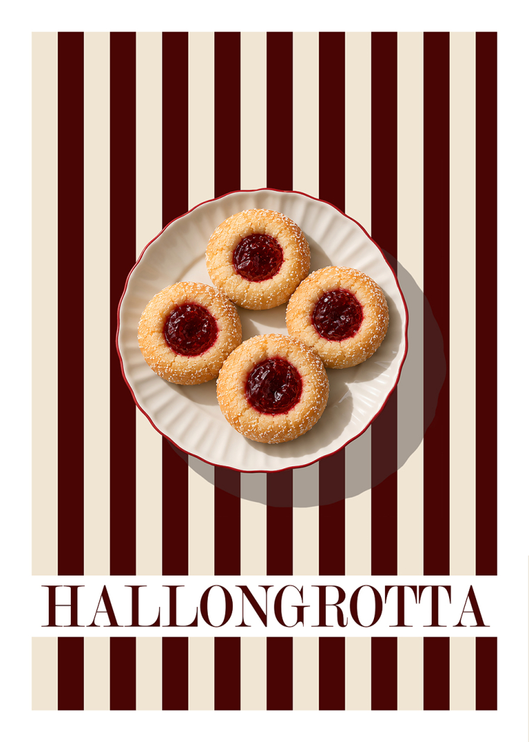 Hallongrotta poster med vinröda ränder och svenska småkakor