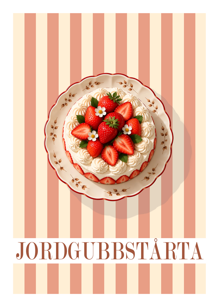 Jordgubbstårta poster med rosa randig bakgrund och svensk fika