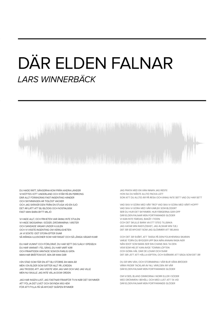 Där elden falnar Lars Winnerbäck poster med ljudvåg i minimalistisk svartvit design