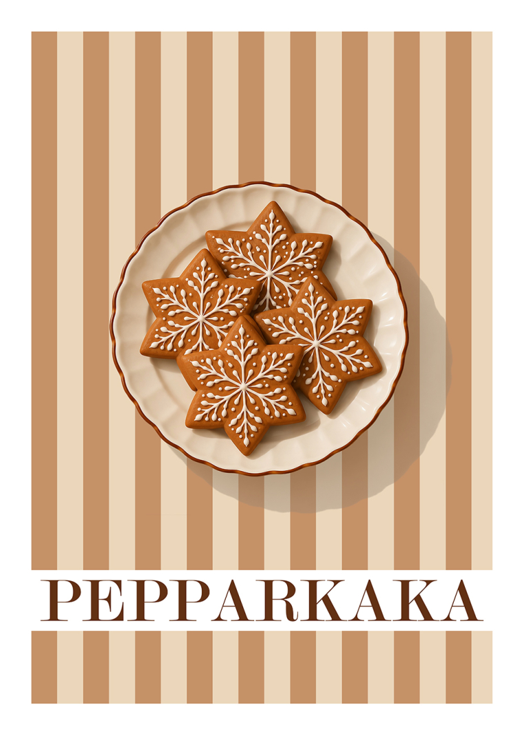 Pepparkaka poster med dekorerade pepparkakor på randig bakgrund