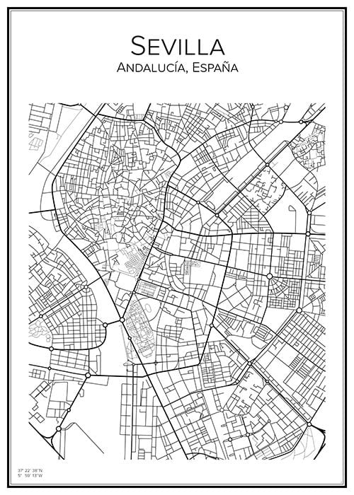 Stadskarta över Sevilla Handritade Stadskartor Och Posters Mapas