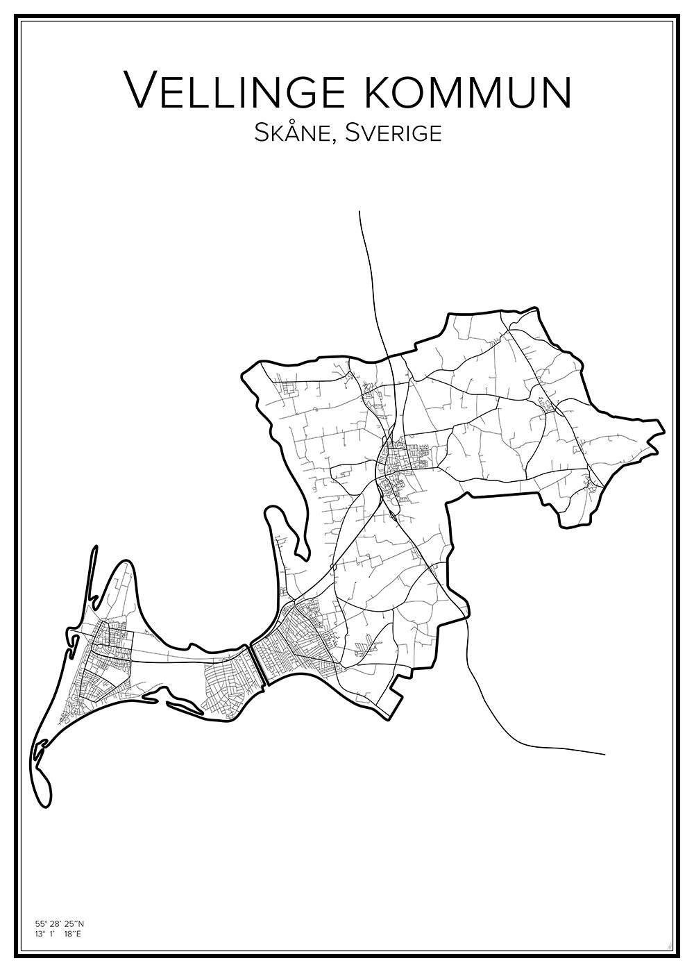 Karta över Vellinge kommun i Skåne län, visar vägar och geografiska gränser.