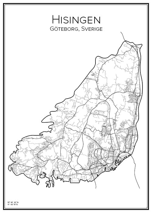Stadskarta över Hisingen | Handritade stadskartor och posters