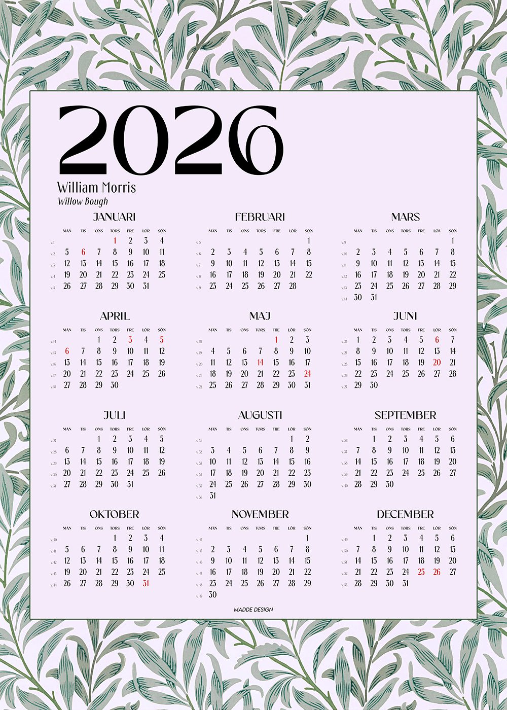 Kalender William Morris Willow Bough 2026
