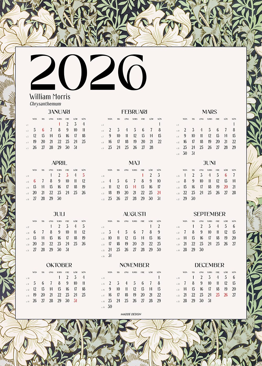 Kalender 2026 William Morris Chrysanthemum