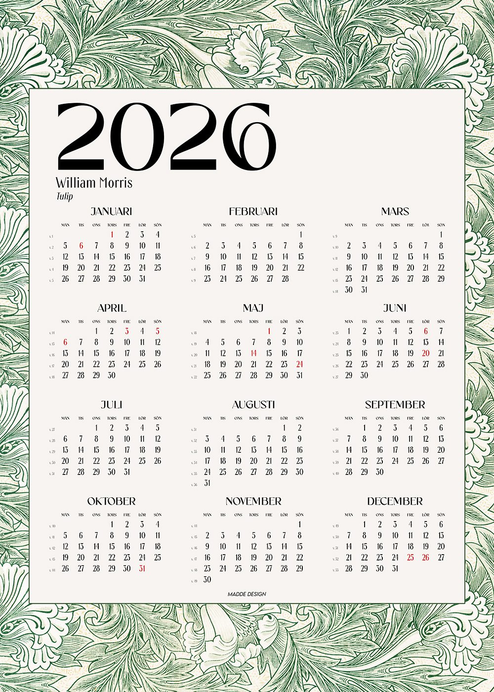 Kalender 2026 William Morris Tulip Madde Design