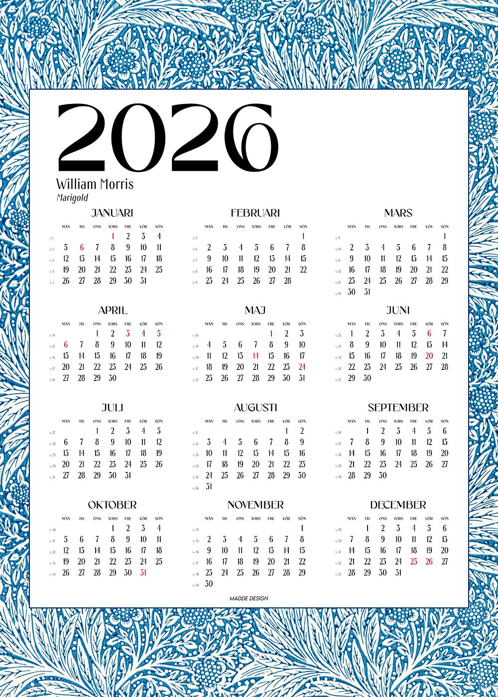 Kalender William Morris Marigold 2026 Madde Design