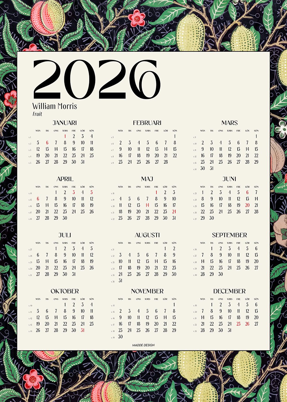 Kalender 2026 William Morris Fruit