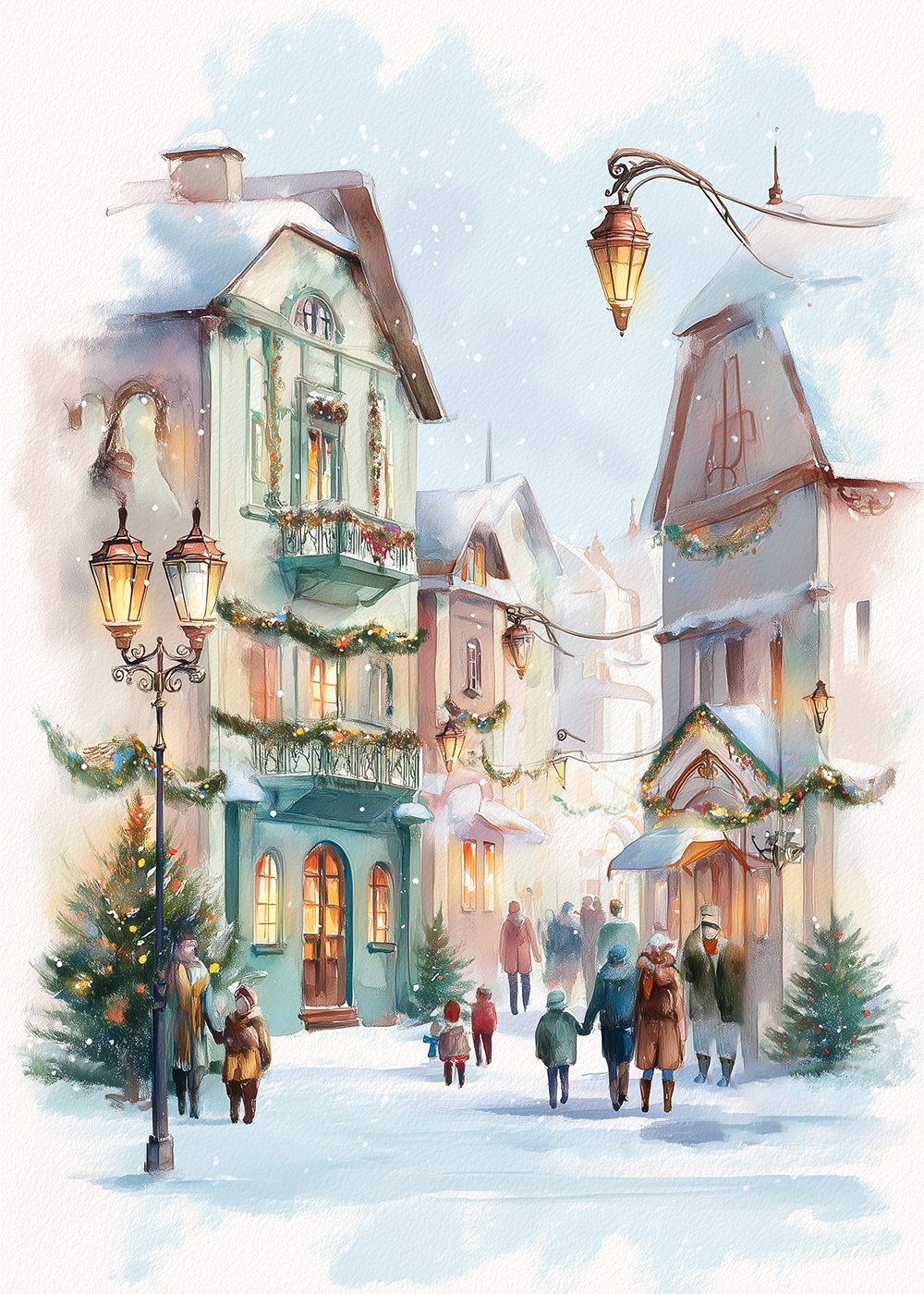 Vinterstad med människor Poster akvarellstilx14