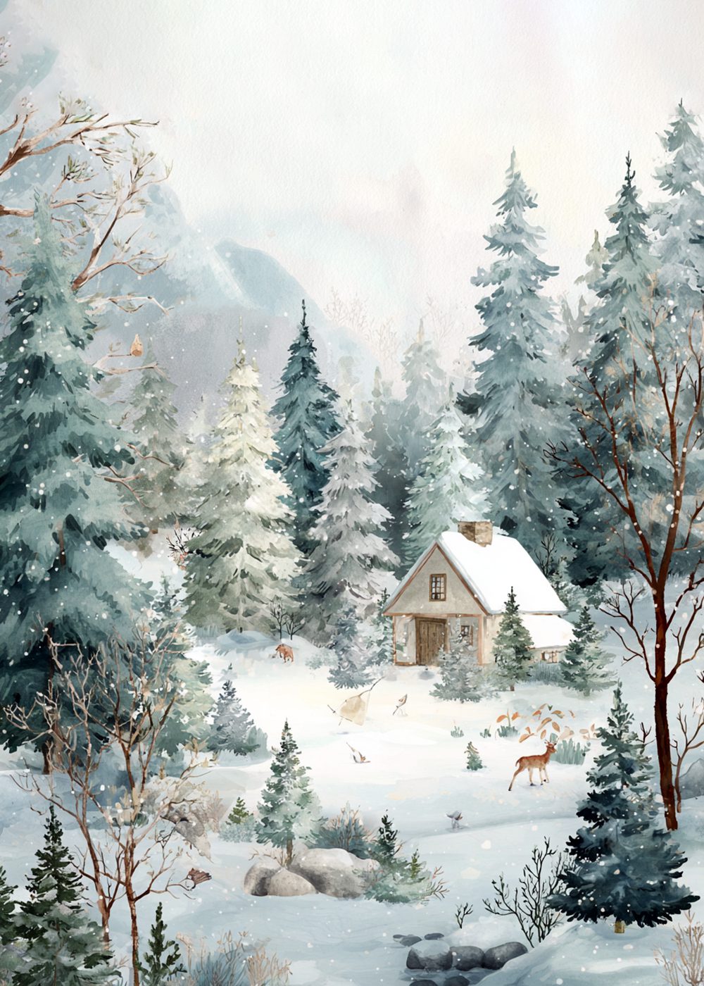 Forest Cabin Winter Stuga i skogen med rådjur Poster