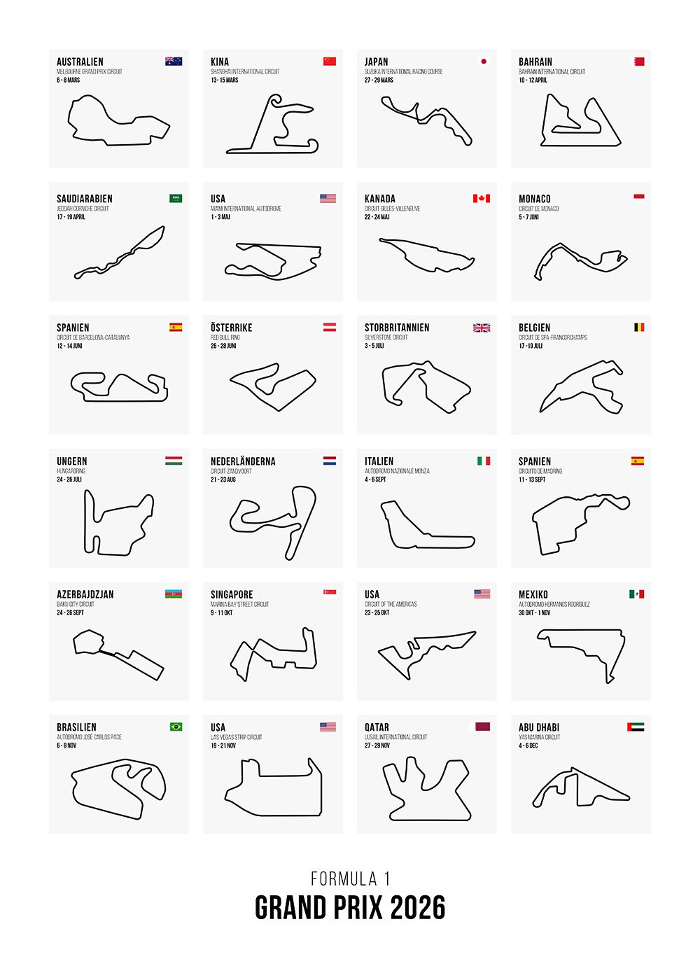 F1 kalender 2026 Poster