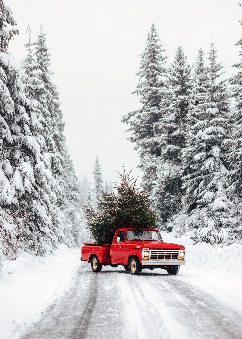Red Winter Truck Julposter Röd pickup i vinterlandskap