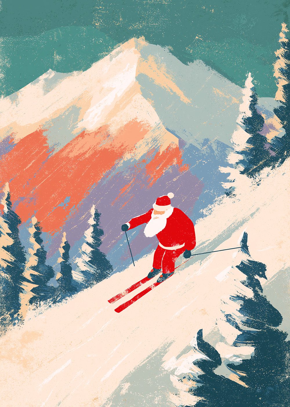 Santa on Skis Poster Vinterposter skidmotiv