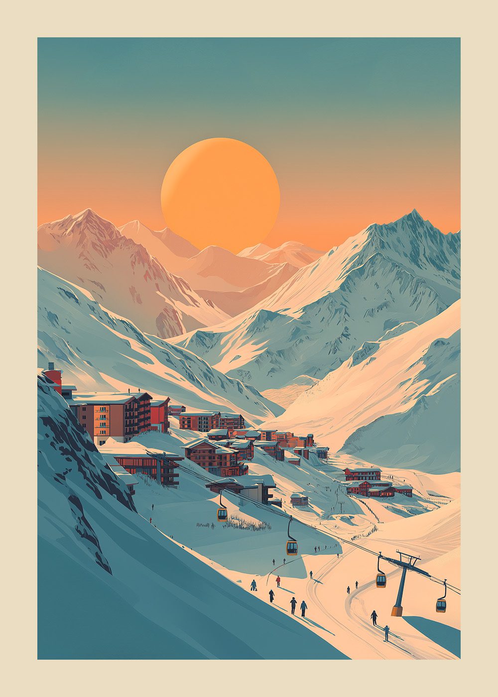 Sunset Ski Resort Poster Vinterposter skidmotiv