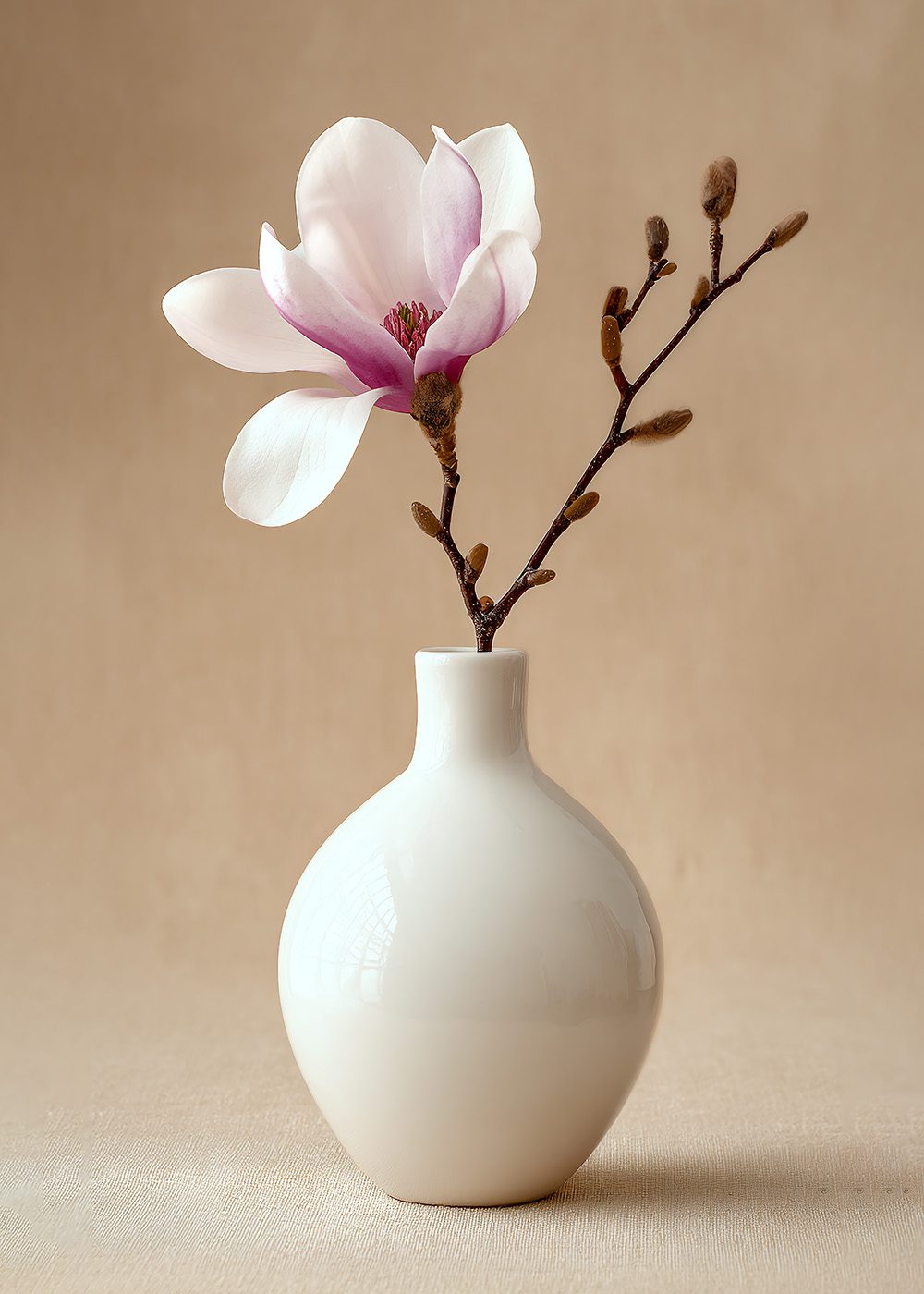 Magnolia-blomma i vit vas på beige bakgrund, botaniska posters, elegant och stilren inredning.