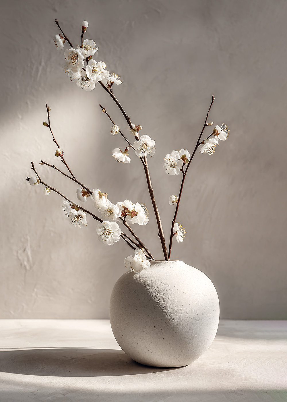 Vita blomkvistar i rund keramikvas mot neutral bakgrund, perfekt för vårposters och botaniska posters.