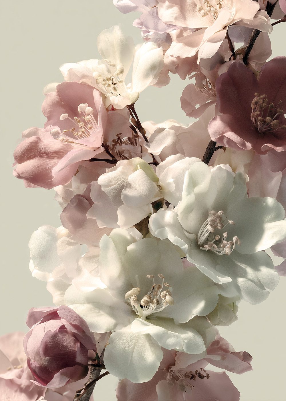 Blommande Harmoni vårposter med rosa och vita blommor, botanisk design för heminredning.