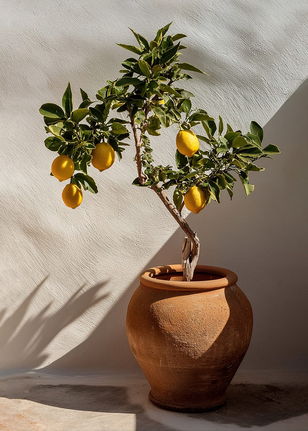 Citronträd i terrakottakruka mot vit bakgrund, vårposters, botaniska posters.