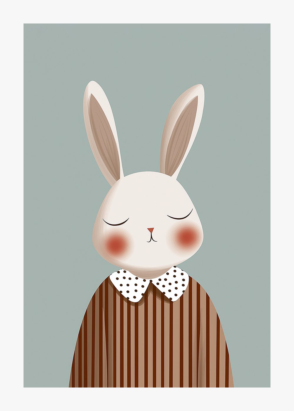 Gentle Bunny barnposter med illustrerad kanin i randig tröja och prickig krage, perfekt för barnrum.
