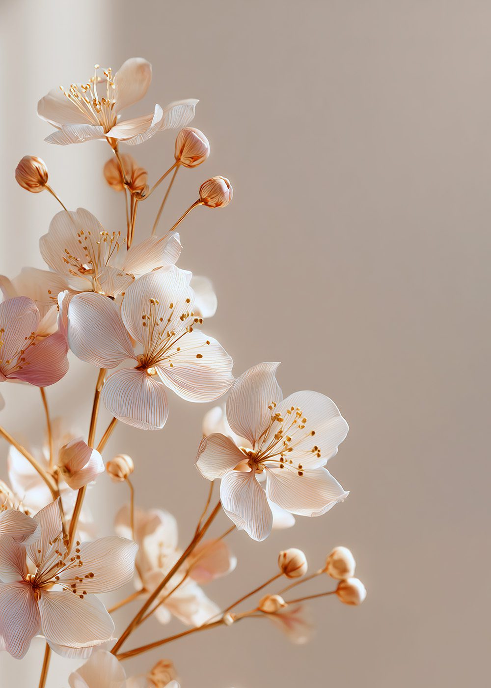Körsbärsblommor Harmoni poster med detaljerade vita blommor mot en mjuk beige bakgrund. Perfekt för vårinredning.