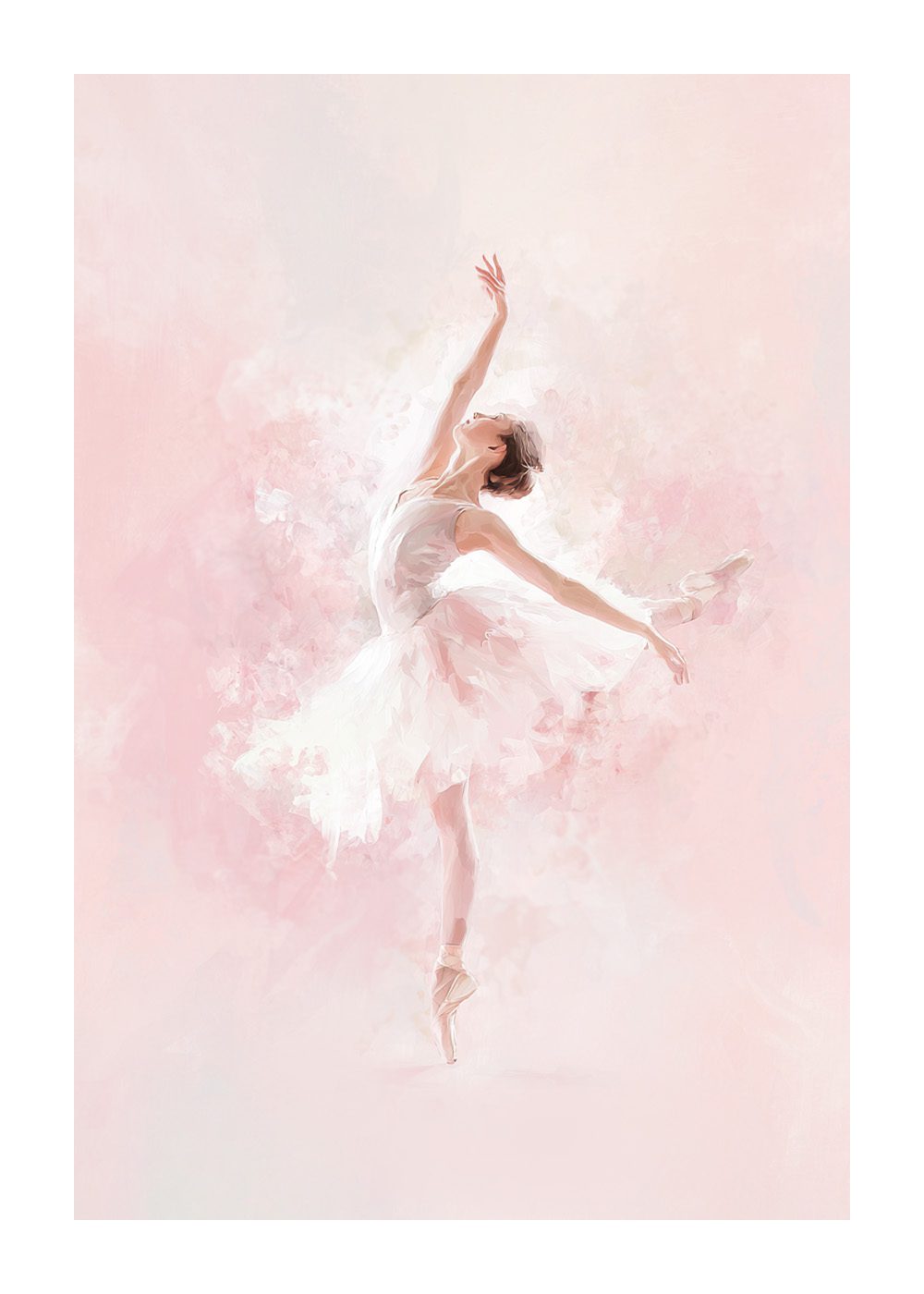 Pastell Ballerina i elegant pose mot rosa bakgrund, perfekt för akvarellposters och barnposters.