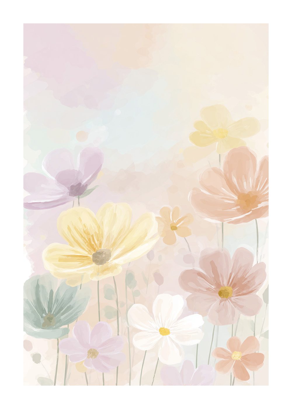 Pastellfärgade blommor på barnposter, mjuka toner för barnrum, dekorativ konst.