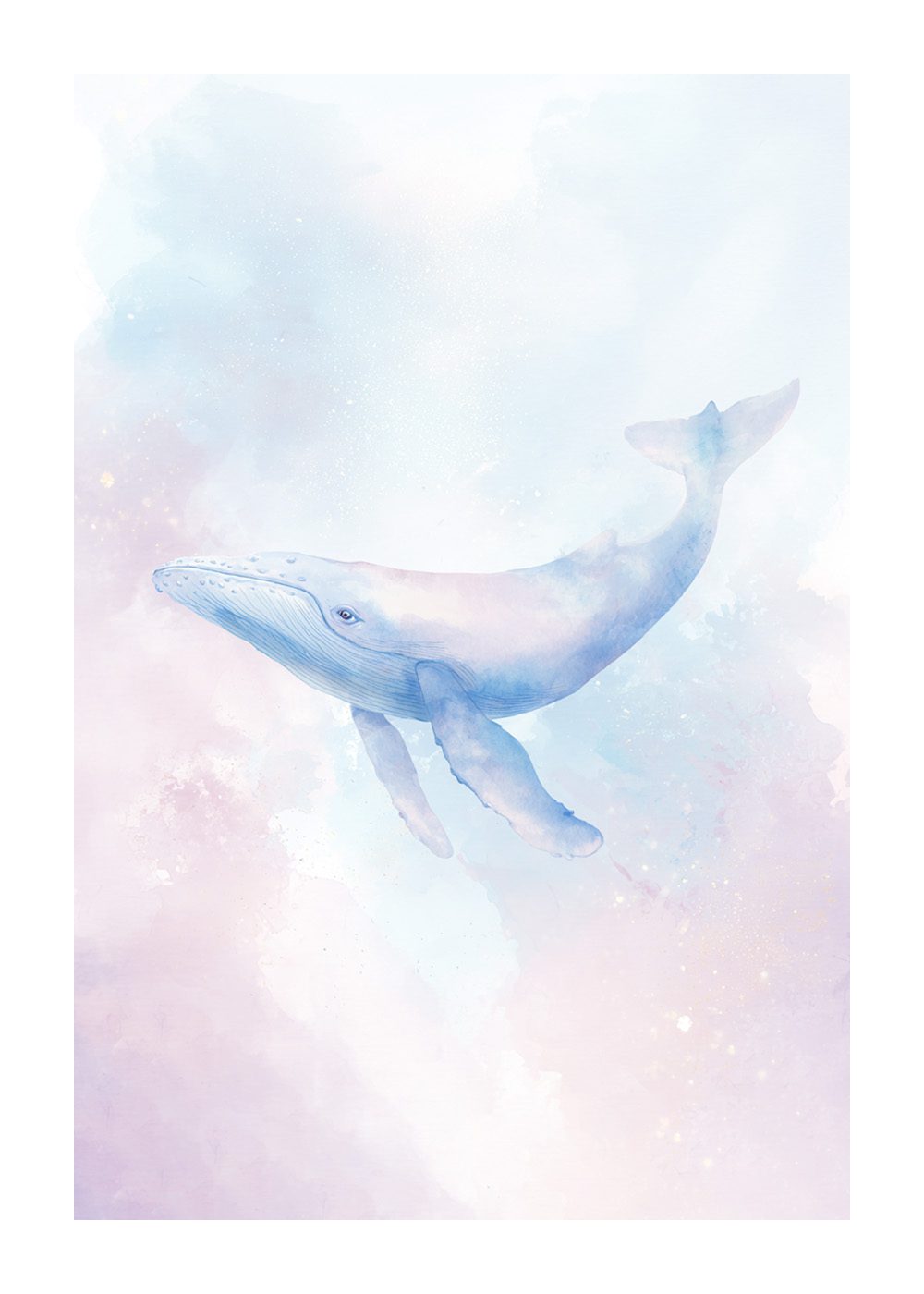 Pastellfärgad akvarellposter med en drömval, perfekt för barnrum.