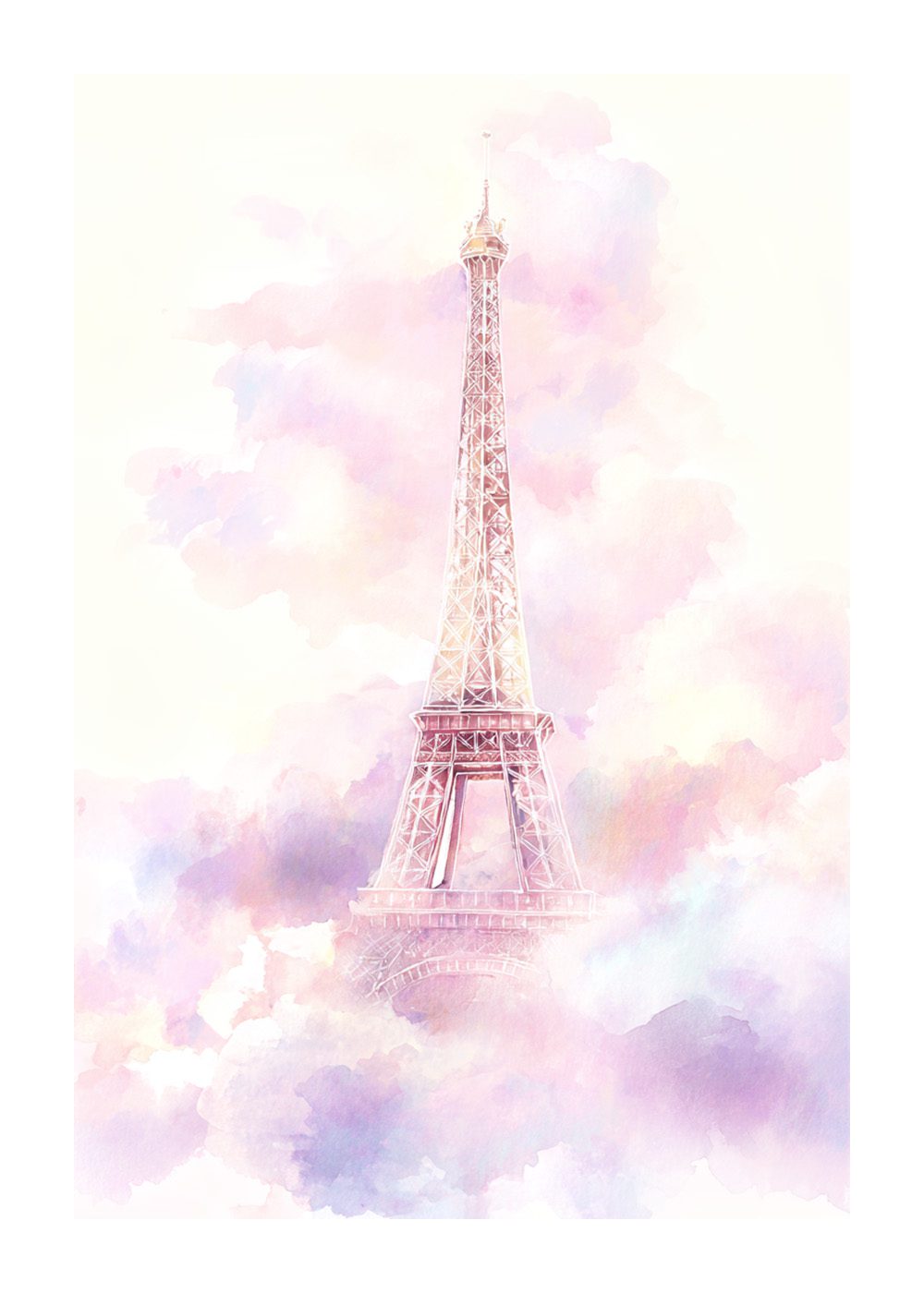Pastell Eiffeltornet i akvarellstil mot molnig bakgrund, perfekt för barnposters och illustrerade djurteman.