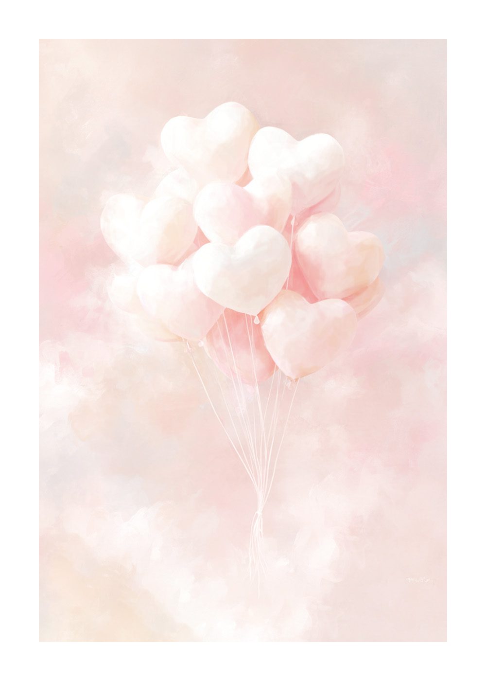 Pastellfärgade hjärteballonger mot en mjuk akvarellbakgrund, perfekt för barnrum och akvarellposters.