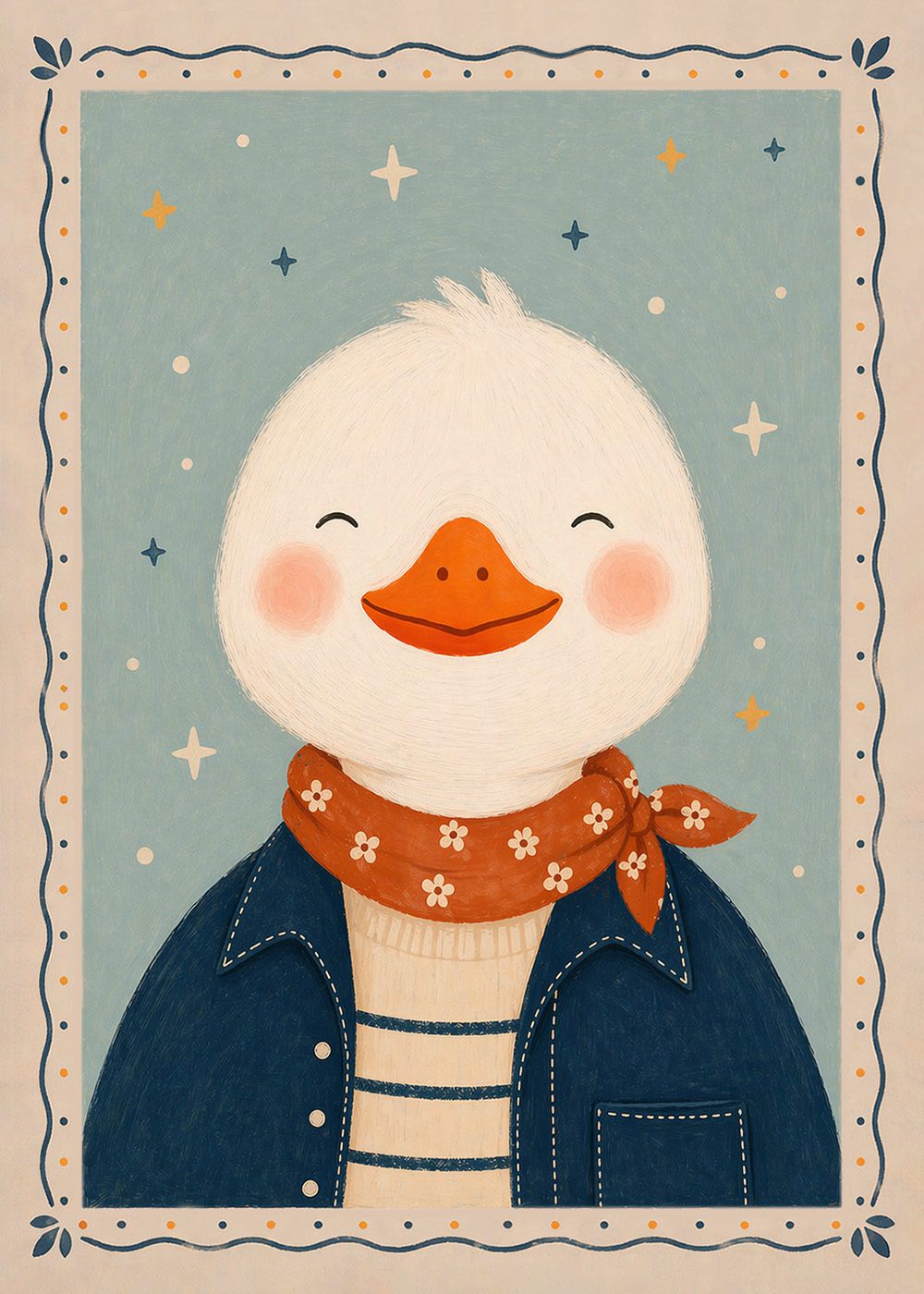 Retro Happy Duck Poster med leende anka i jacka, perfekt för barnrum och djurillustrationer.