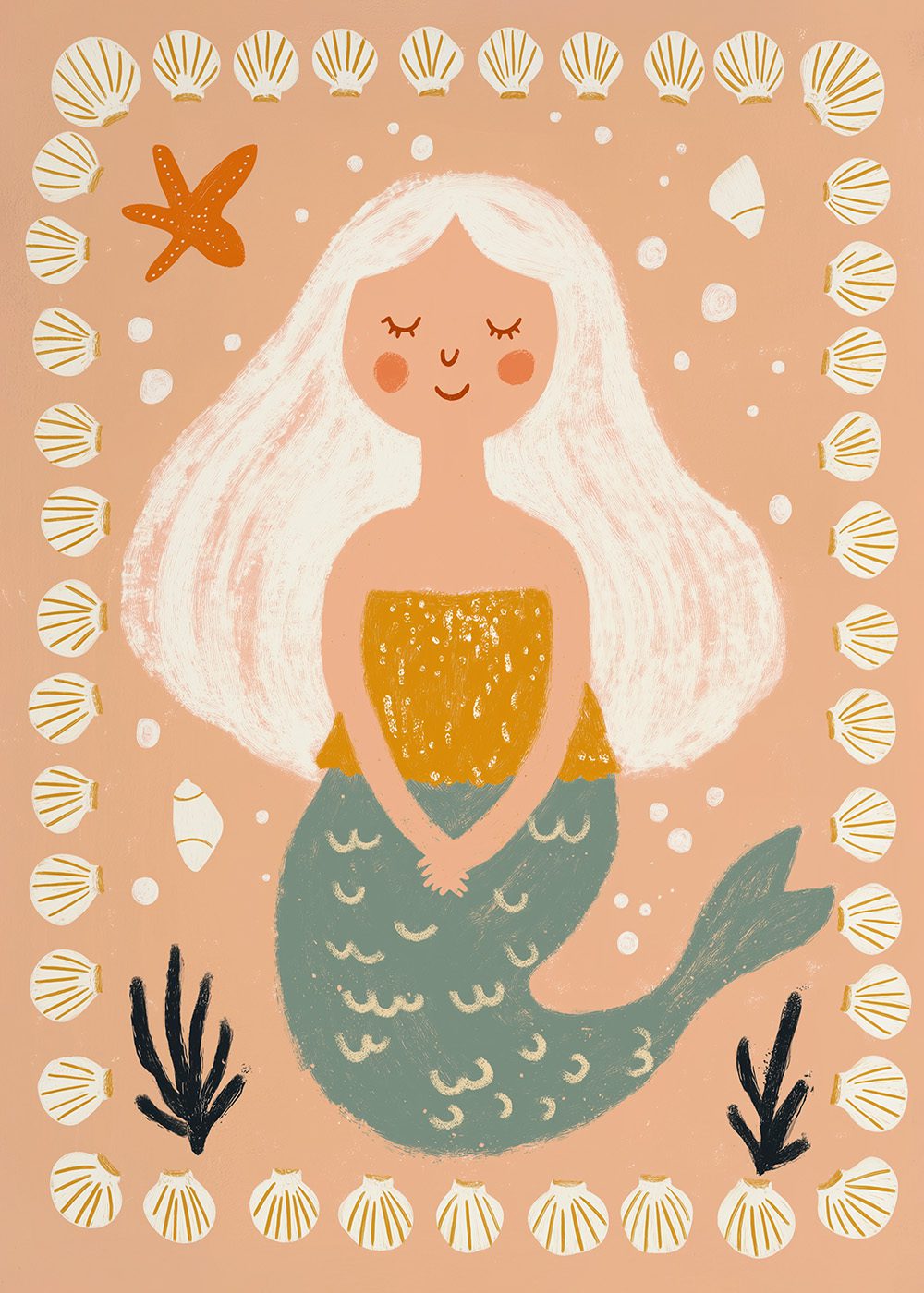 Söt sjöjungfruposter med retrodesign, omgiven av snäckor och sjöstjärnor. Perfekt för barnrum.