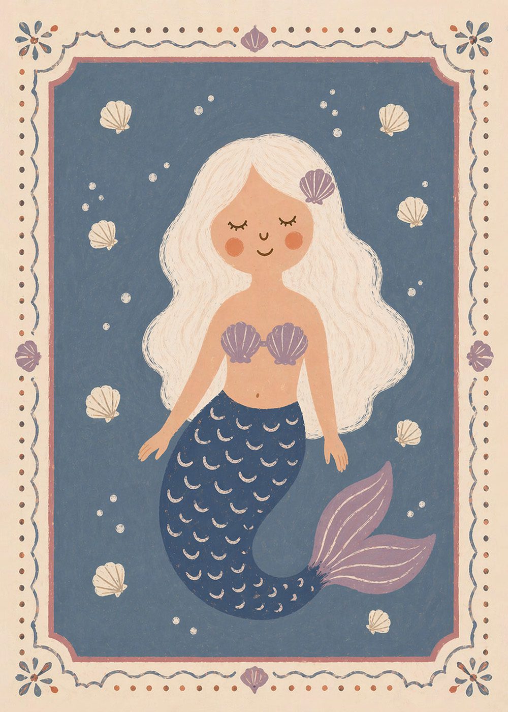 Söt sjöjungfruposter med retrodesign, omgiven av snäckor och sjöstjärnor. Perfekt för barnrum.