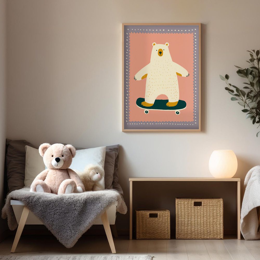 Retro Skate Bear Poster med en björn på skateboard, färgglad illustration, perfekt för barnrum.