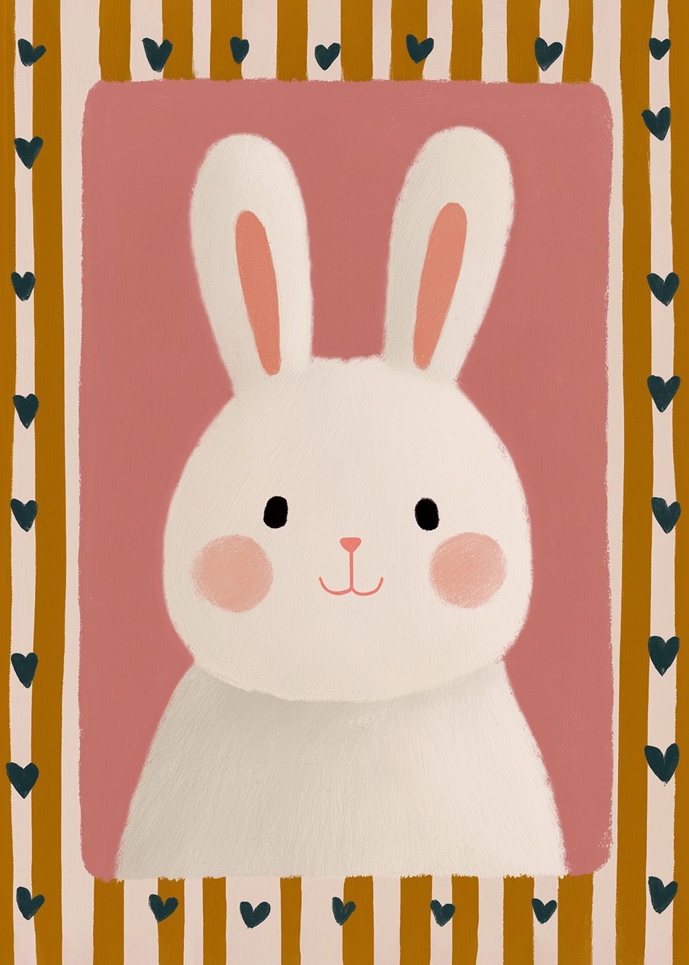 Retro Bunny Portrait Poster med en söt kaninillustration mot rosa bakgrund, omgiven av hjärtdekorationer.