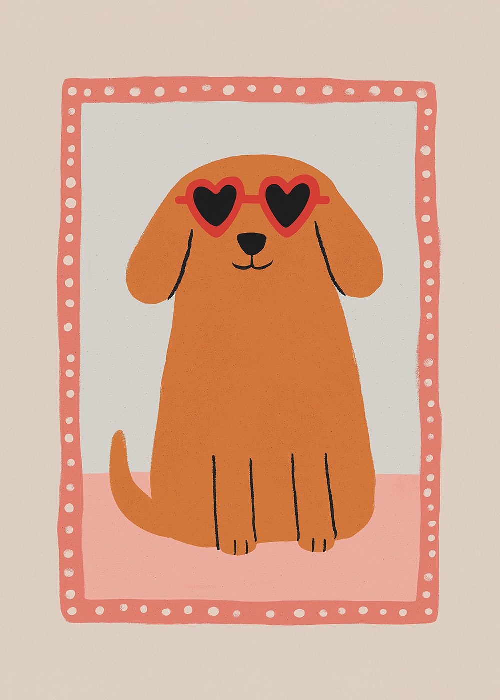 Retro Cool Dog Poster med en tecknad hund i solglasögon, omgiven av en prickig ram. Perfekt för barnrum.