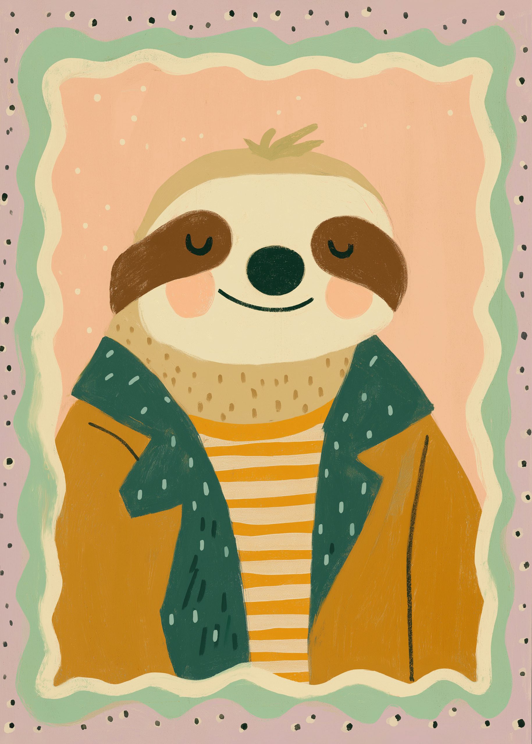 Retro Cozy Sloth Poster med tecknad sengångare i randig tröja och kavaj, pastellfärger, barnposters.