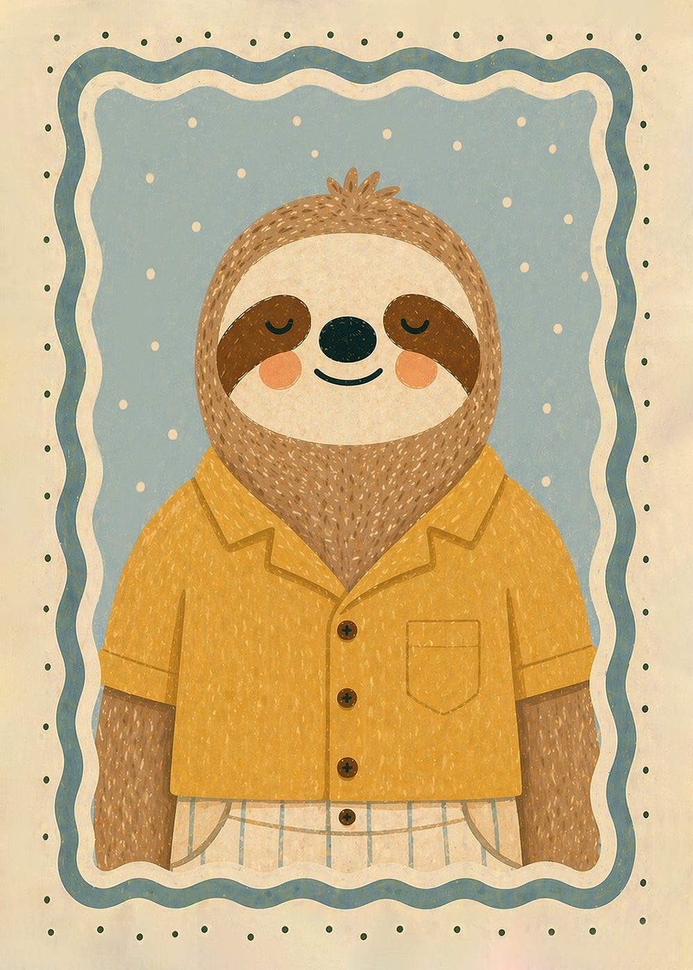 Retro Cozy Sloth Poster med tecknad sengångare i randig tröja och kavaj, pastellfärger, barnposters.