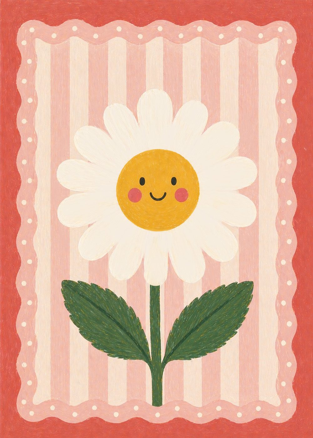 Retro Daisy Smile Poster med leende blomma, rosa randig bakgrund, perfekt för barnrum.