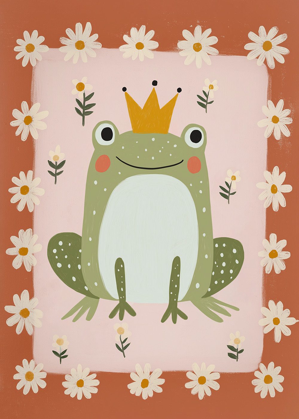 Retro Frog Prince Poster med en glad groda i krona omgiven av blommor, perfekt för barnrummet.