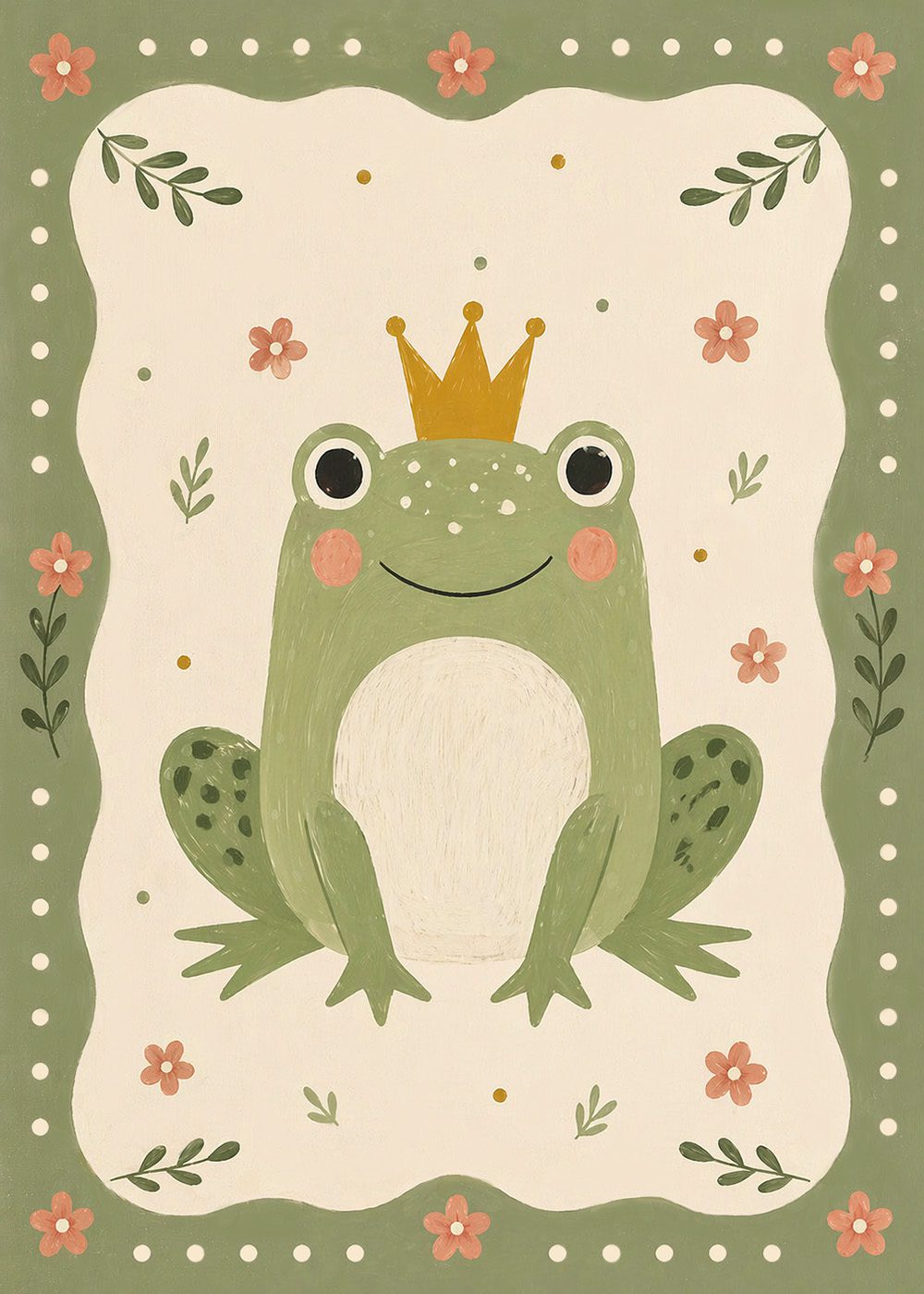 Retro Frog Prince Poster med en glad groda i krona omgiven av blommor, perfekt för barnrummet.
