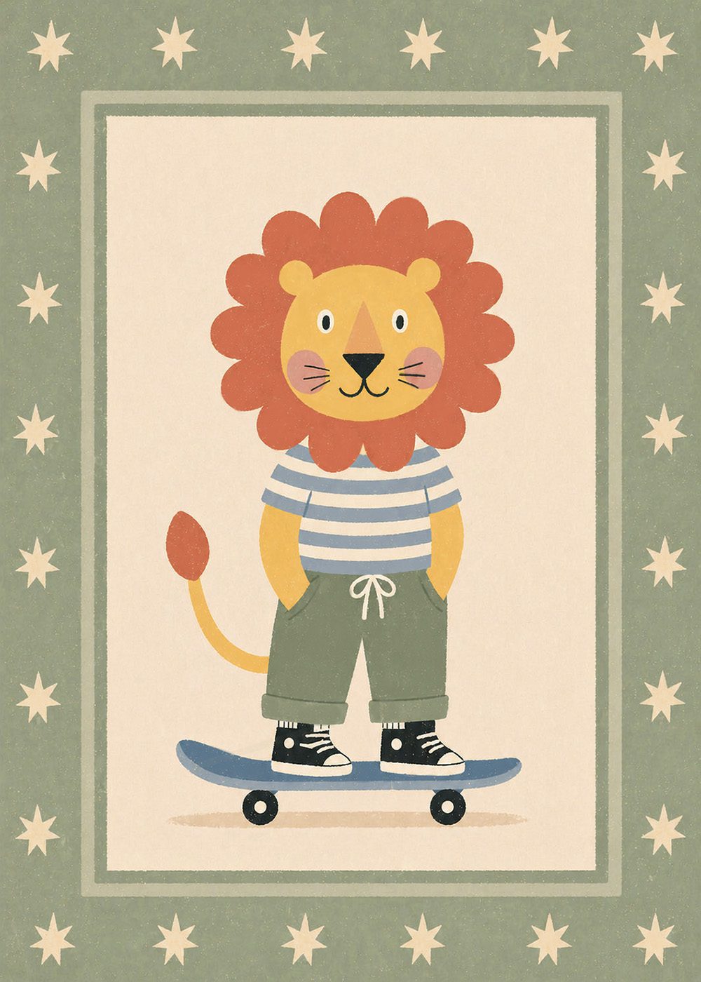Lejon på skateboard, retro stil, barnposter, illustrerade djur, lekfull design.