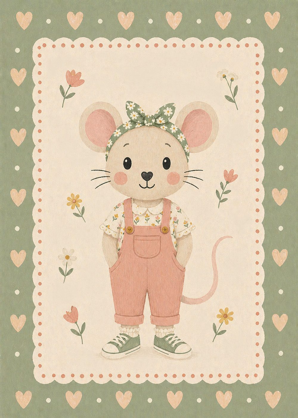 Retro Little Mouse Poster med en söt vit mus omgiven av hjärtan, perfekt för barnrum.