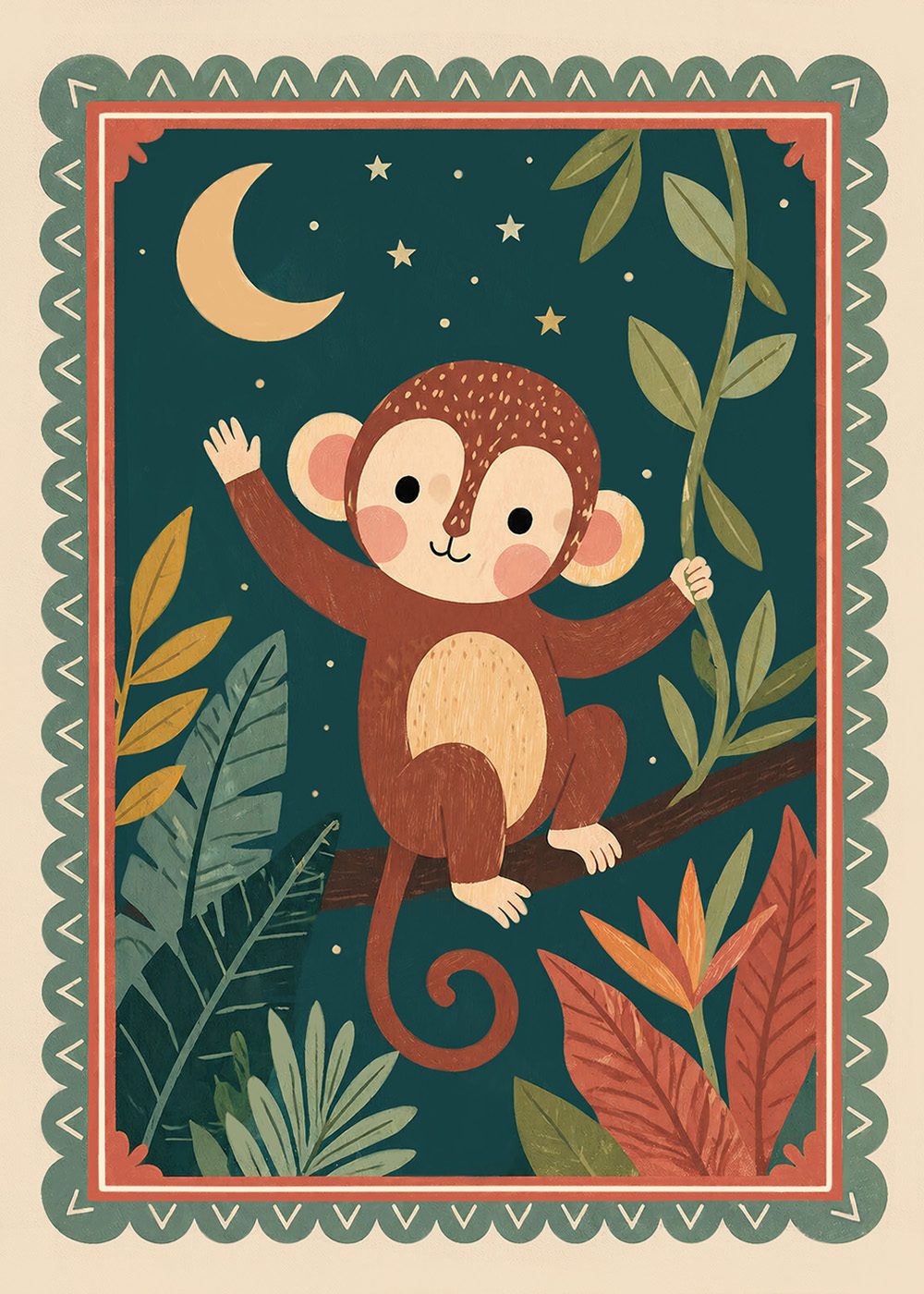 Retro Monkey Jungle Poster med lekfull apa i akvarellstil, perfekt för barnrum.