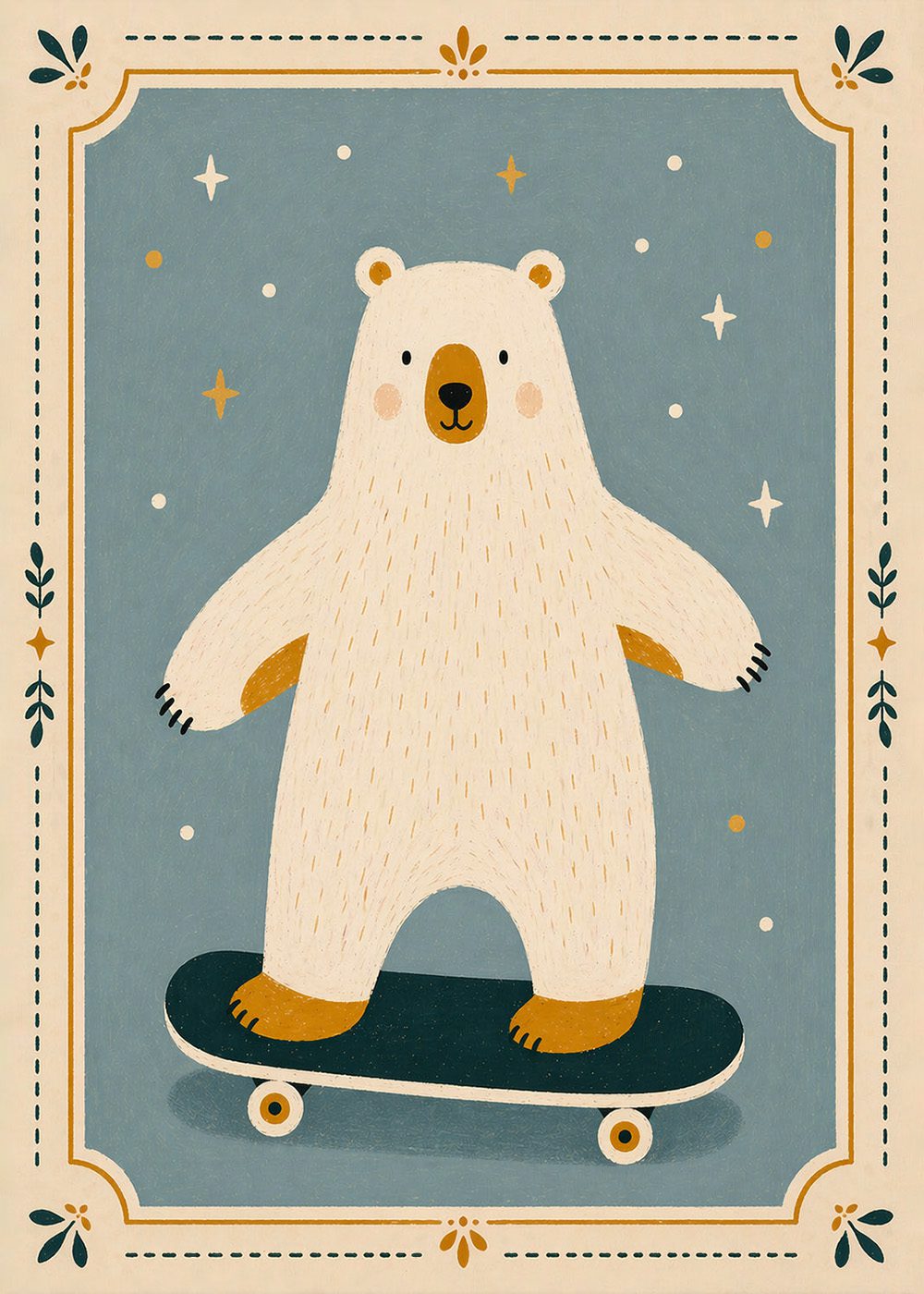 Retro Skate Bear Poster med en tecknad björn på skateboard, perfekt för barnrum och illustrerade djurälskare.