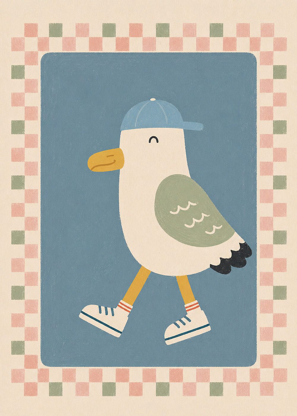 Retro Skater Seagull Poster med mås i sneakers och keps, perfekt för barnrum.